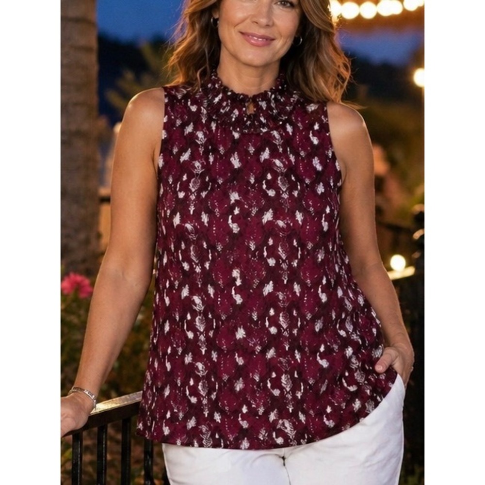 Allison‎ Joy Womens Blouse Burgundy Snakeskin Print Medium Mock Neck Sleeveless